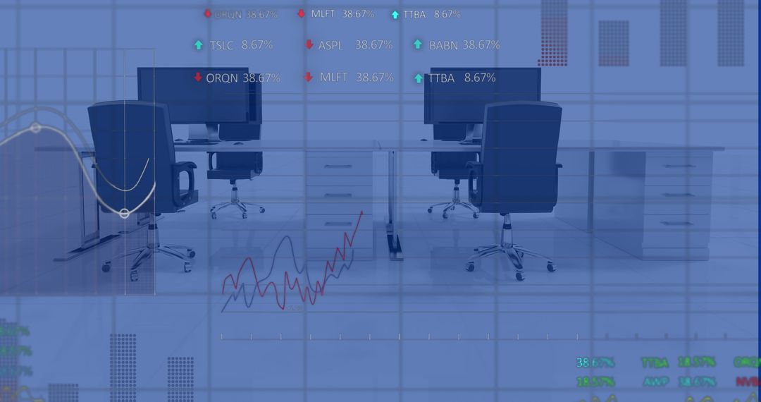 Blurred Office Overlaid with Dynamic Stock Market Charts