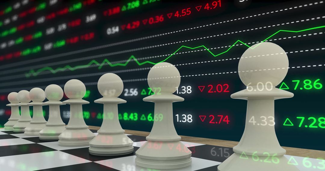 Chess Pieces Concept with Financial Data in Background