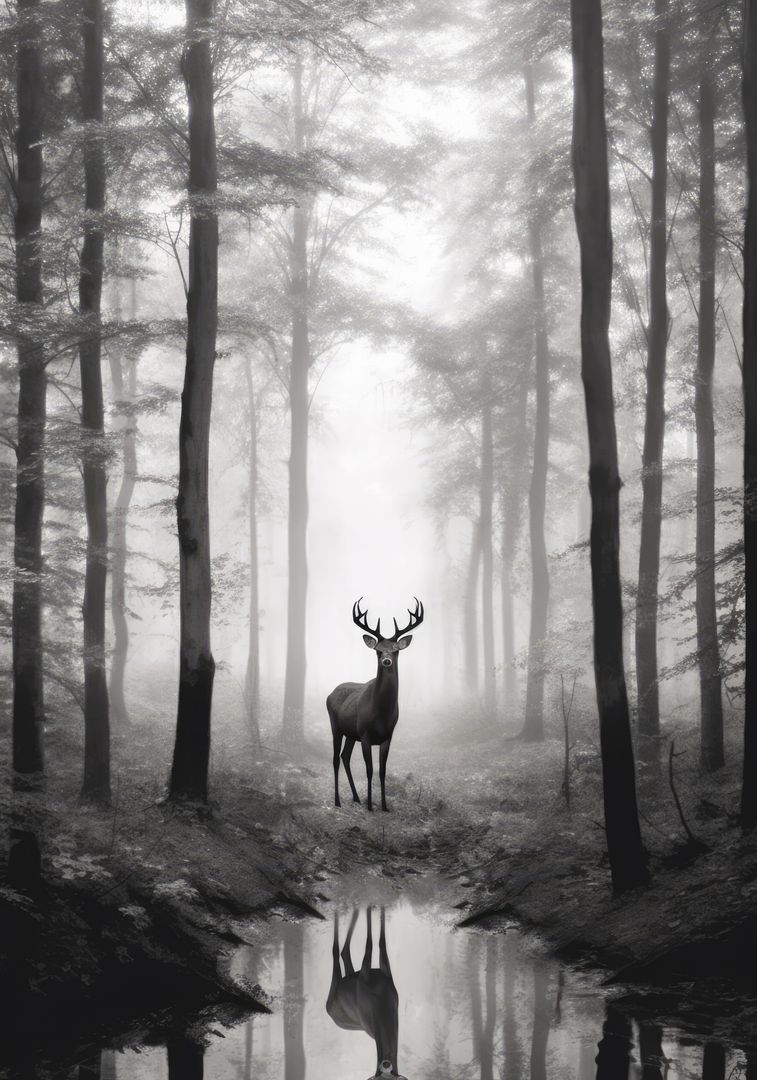 Majestic Deer Reflecting in Foggy Forest Stream - Free Images, Stock Photos and Pictures on Pikwizard.com