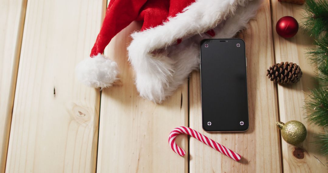 Image of christmas decorations with smartphone and santa hat on wooden background - Free Images, Stock Photos and Pictures on Pikwizard.com