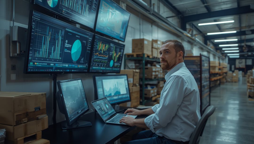 Warehouse Worker Analyzing Data on Multiple Screens in Modern Facility