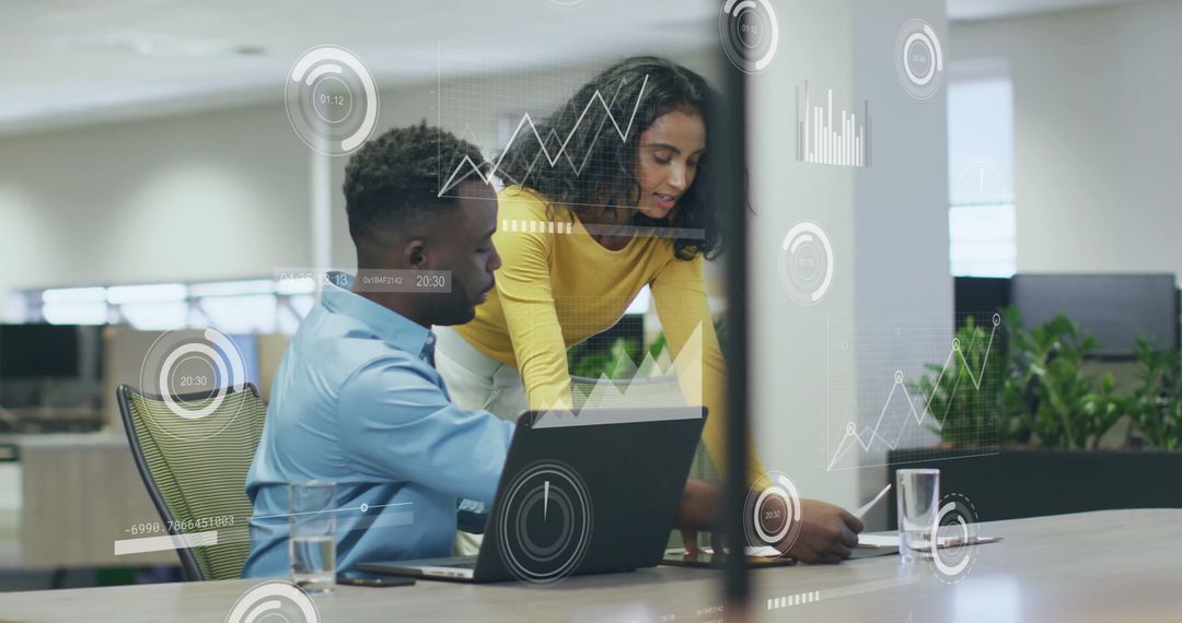 Diverse Team Collaborating on Financial Data with Digital Elements