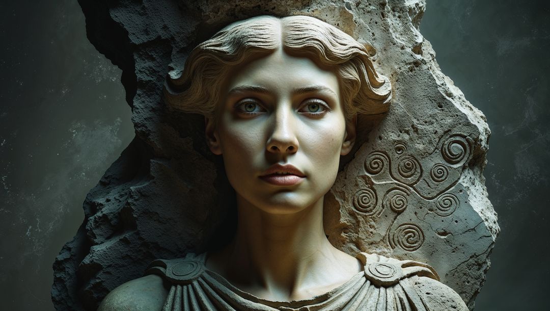 Classical cleopatra's stone bust with intricate motifs in jagged rock