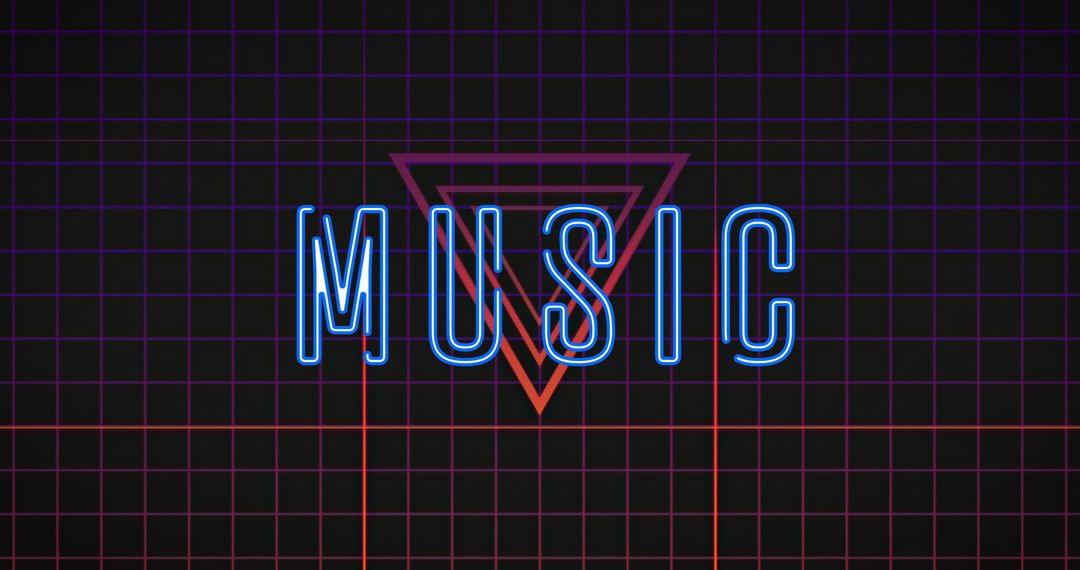 Neon Music Text with Geometric Grid Background