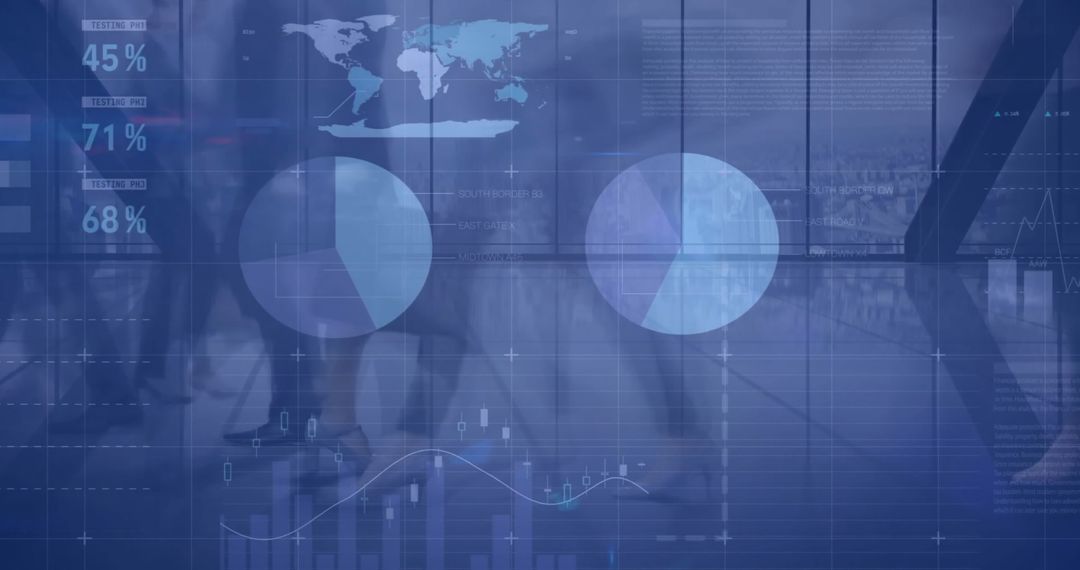 Financial Data Visualizations Overlaying Busy Modern Office