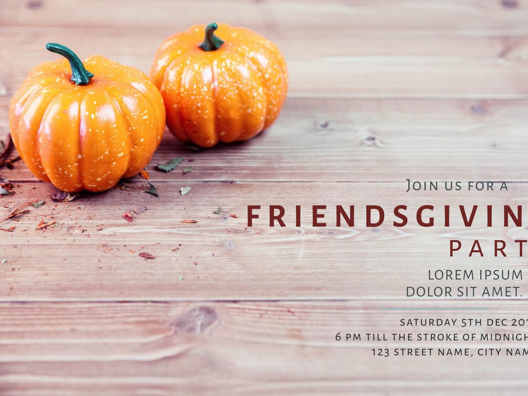 Friendsgiving Invitation with Autumn Pumpkins on Rustic Wood