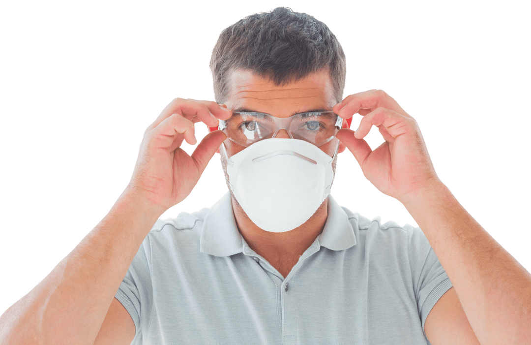 Man Wearing Mask and Safety Goggles Transparent Background
