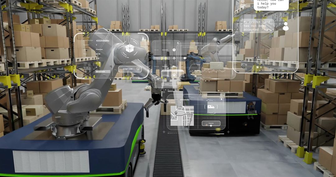 Automated Warehouse with Robotic Arms and Digital Interface Technology
