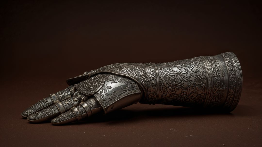 Resting Ornate Medieval Engraved Metal Gauntlet in Studio Lighting