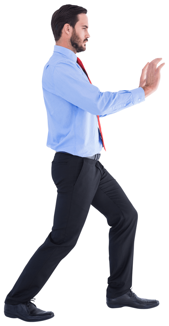 Businessman in Professional Attire Pushing Against Transparent Space