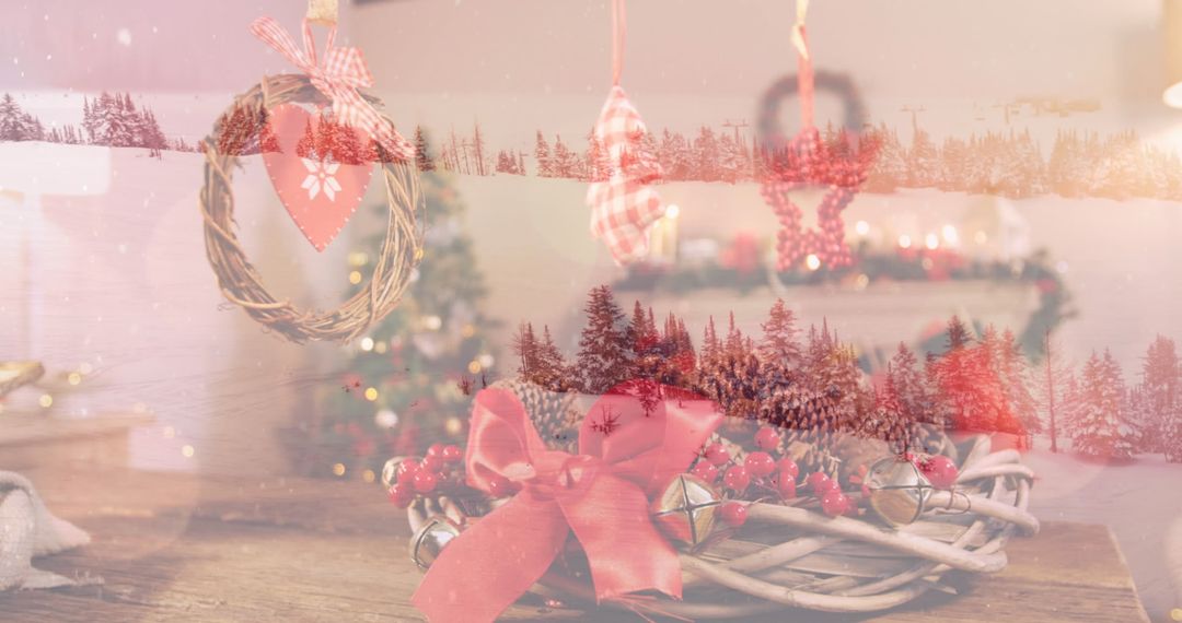 Double Exposure of Winter Scenery and Christmas Decorations