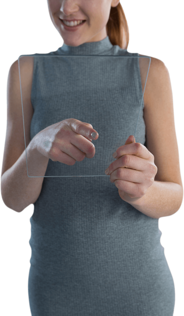 Smiling Businesswoman Touching Transparent Futuristic Interface