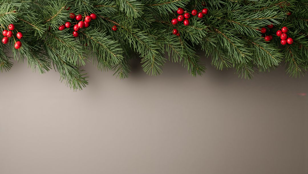 Hanging Pine Garland with Red Berries and Soft Shadows on Neutral Matte Backdrop