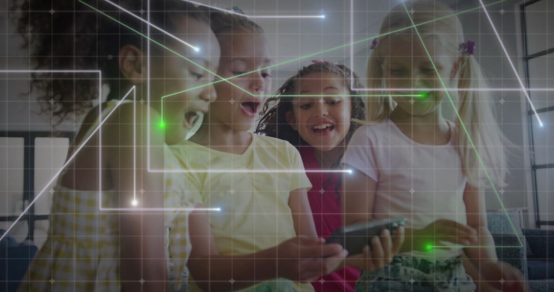 Children Enjoying Digital Technology with Futuristic Interface Overlay