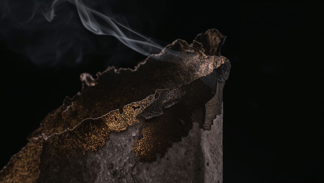 Smoldering Charred Metal Cylinder Emitting Thin Smoke Plume with Jagged Rusted Rim