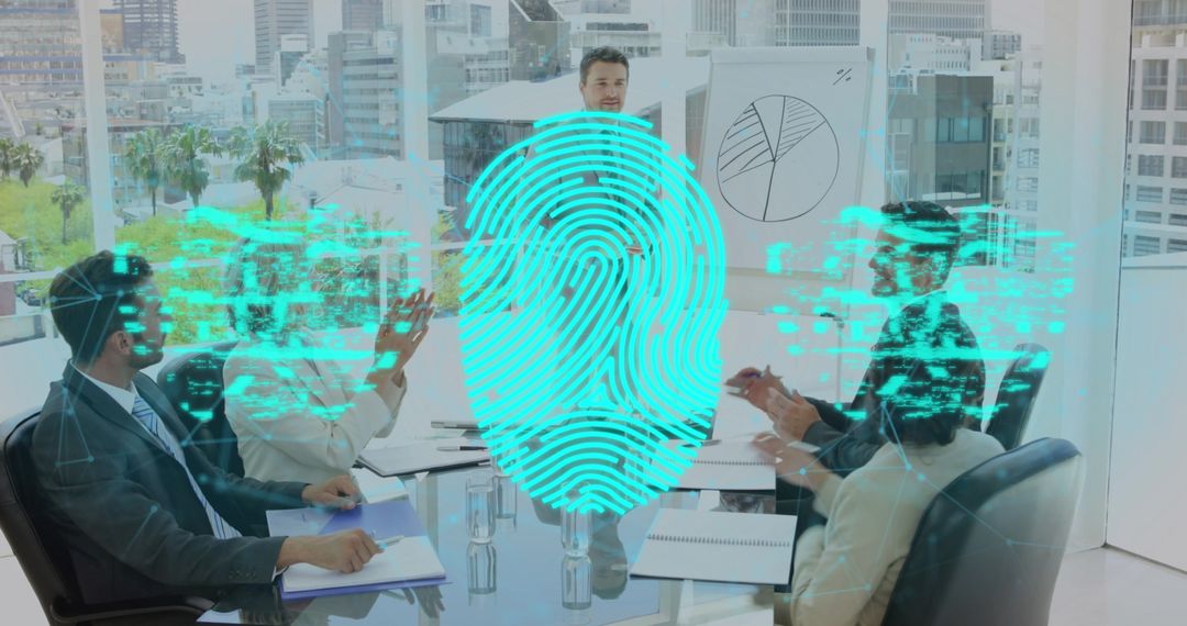 Business Data Security Meeting with Digital Fingerprint Overlay