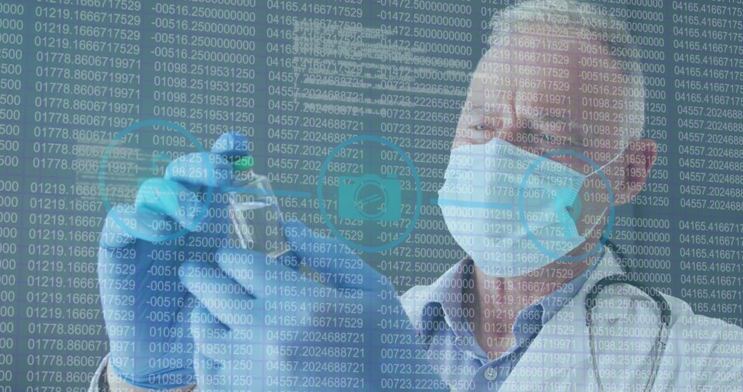 Researcher Adding Liquid with Pipette Amidst Digital Data