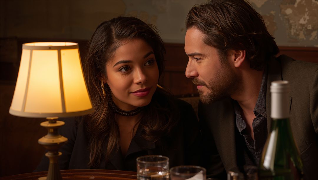 Intimate restaurant couple leaning in for conversation under warm lamp glow with wine