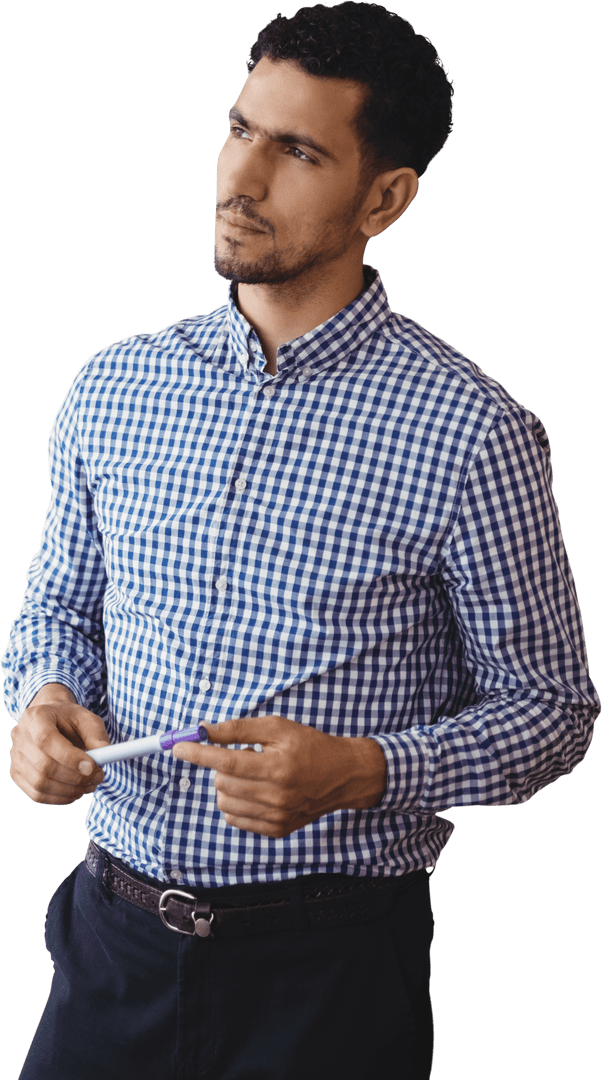 Businessman in Checked Shirt Holding Pen on Transparent Background