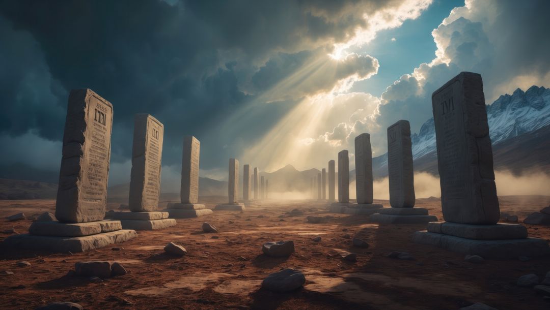 Mystical row of ancient standing stones on rocky terrain at sunset, ten commandments concept