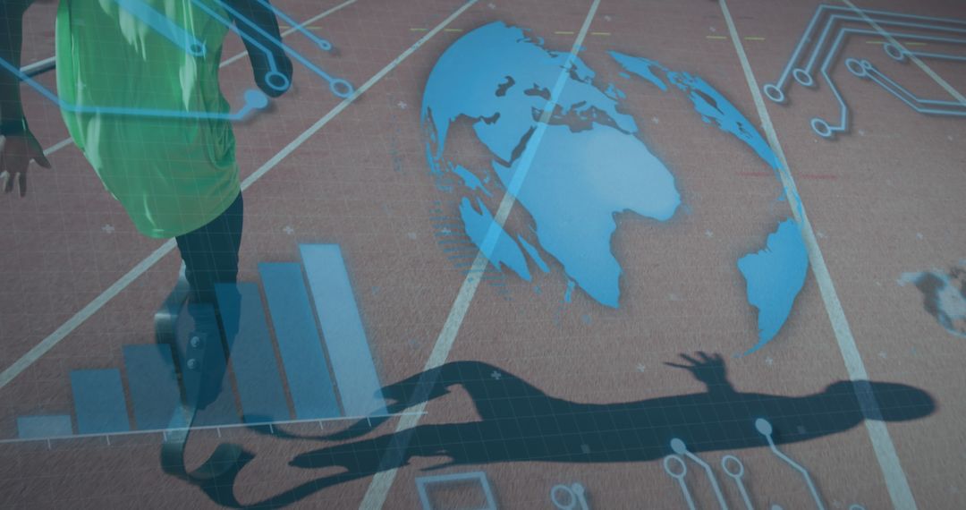 Digital Tech Overlaying Prosthetic Runner Visualizing Global Innovation