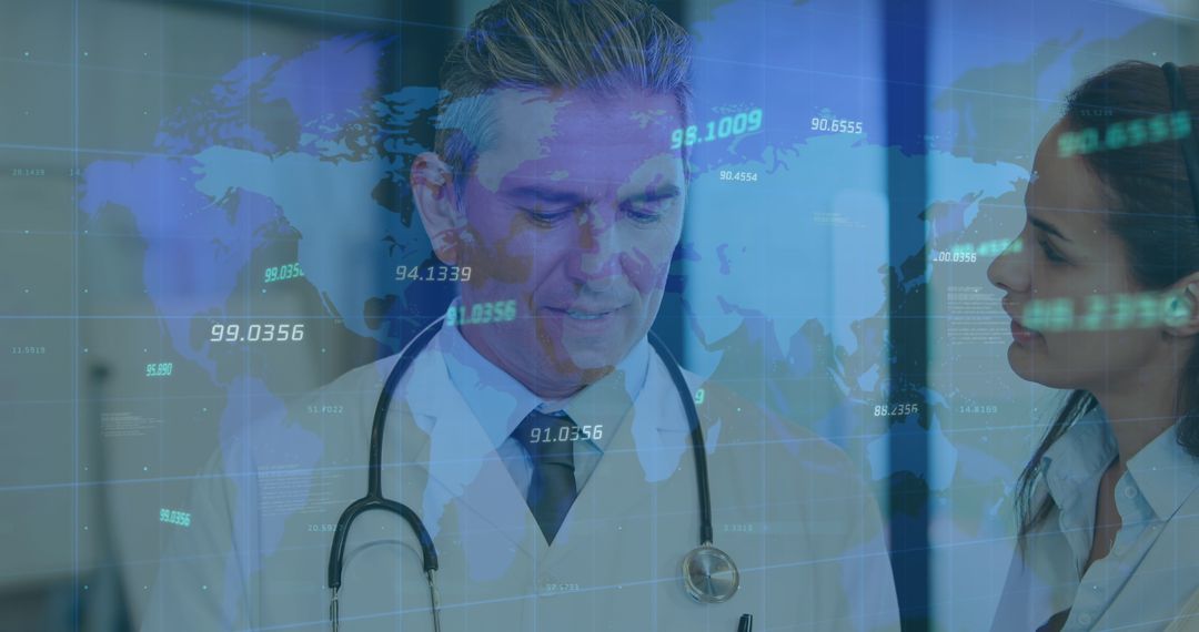 Global Healthcare Collaboration Concept with Doctors and Financial Data Overlay