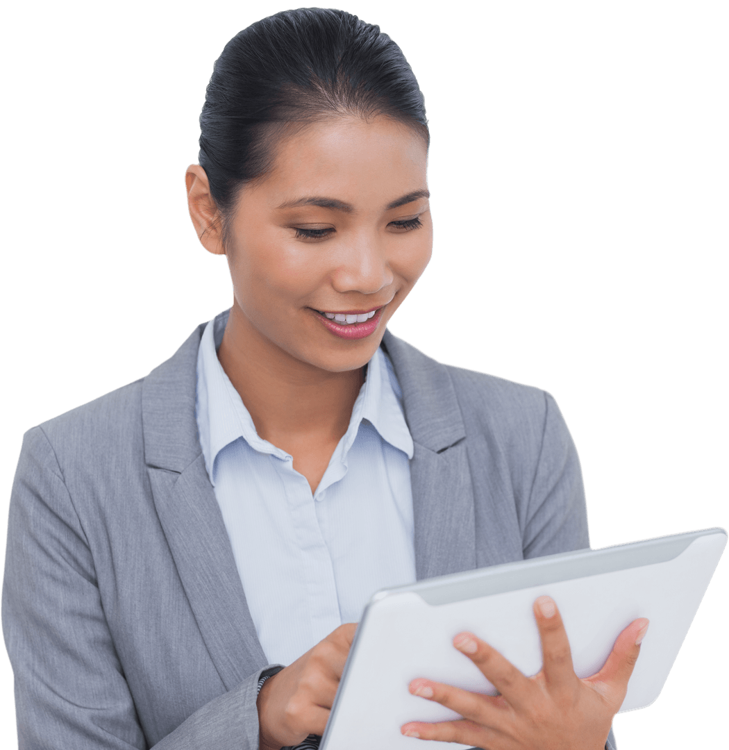 Smiling Professional on Tablet with Transparent Background