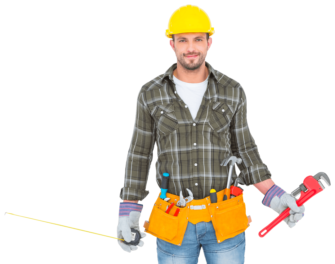 Transparent Construction Worker Holding Tools on White Background