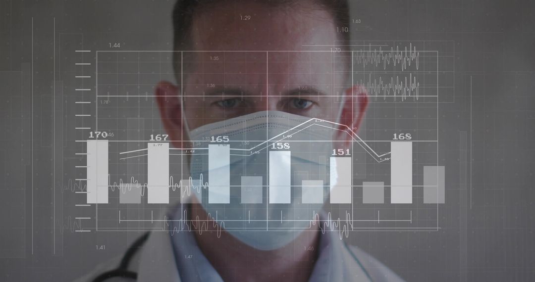 Doctor Wearing Mask with Futuristic Medical Interface Overlay