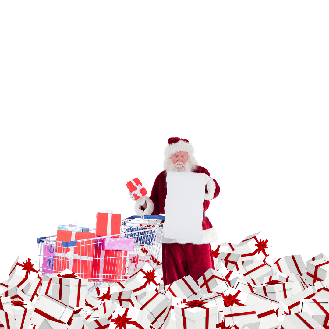 Santa Claus Delivering Transparent Gift Presents from Trolley Cart