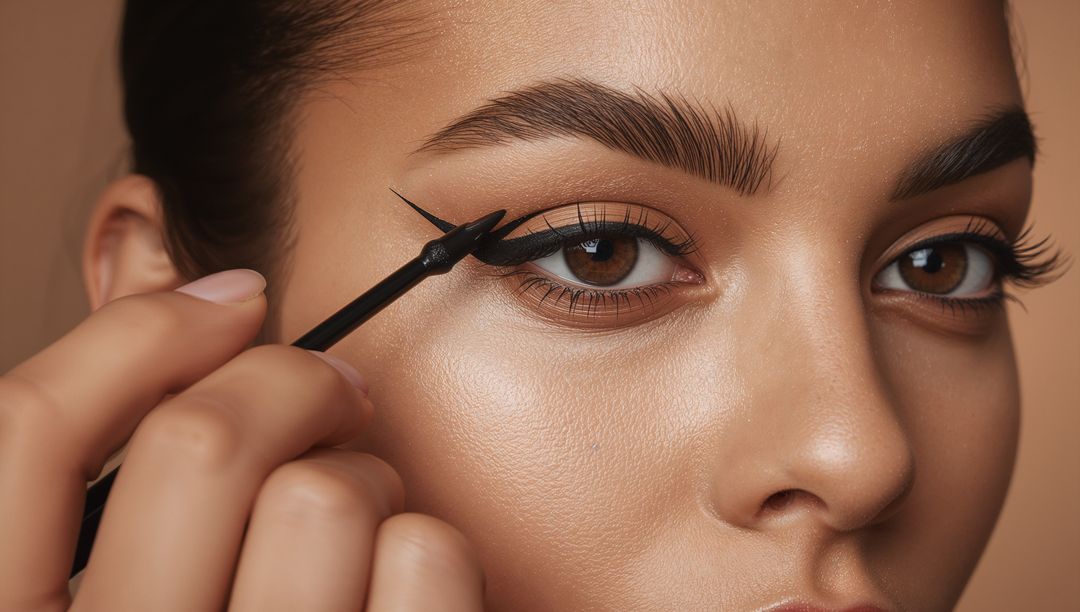 Woman Applying Winged Eyeliner with Steady Hand in Makeup Studio