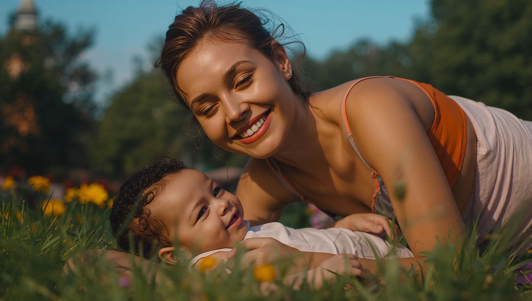 Smiling Mother Embracing Baby in Sunlit Park