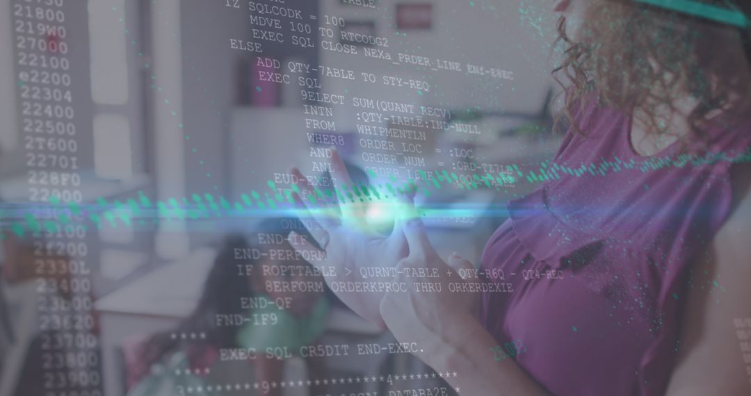 Senior Woman Engaged in Digital Interface Overlay with Binary Code
