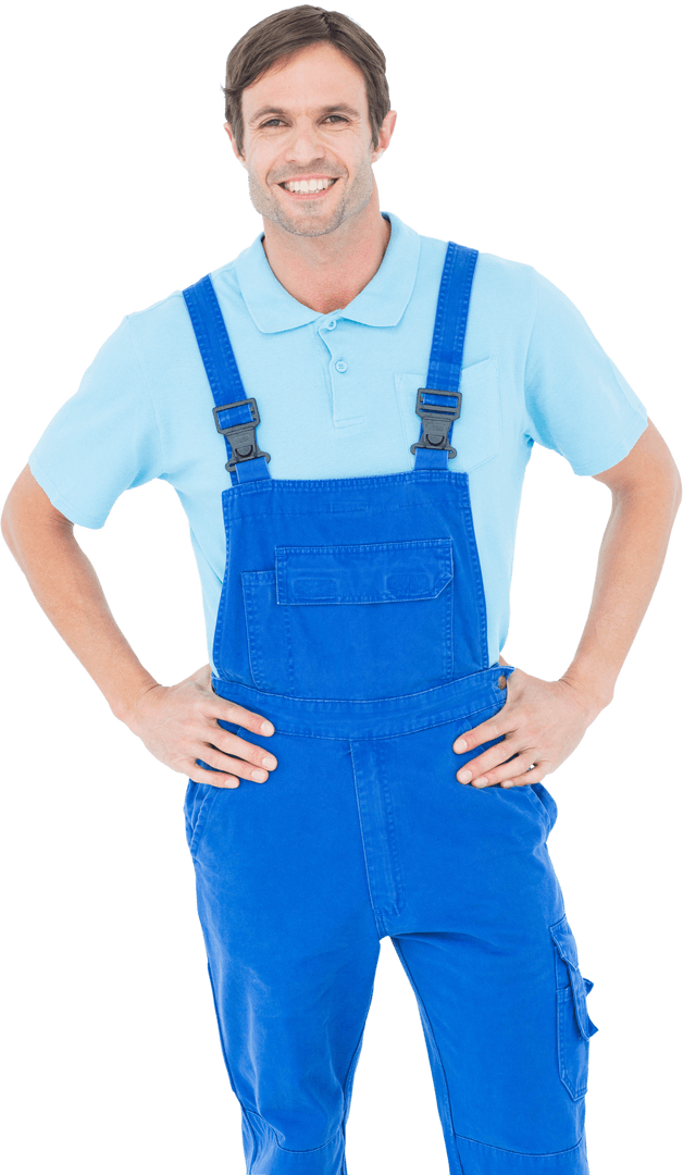 Transparent Smiling Carpenter in Blue Overalls Hands on Hips