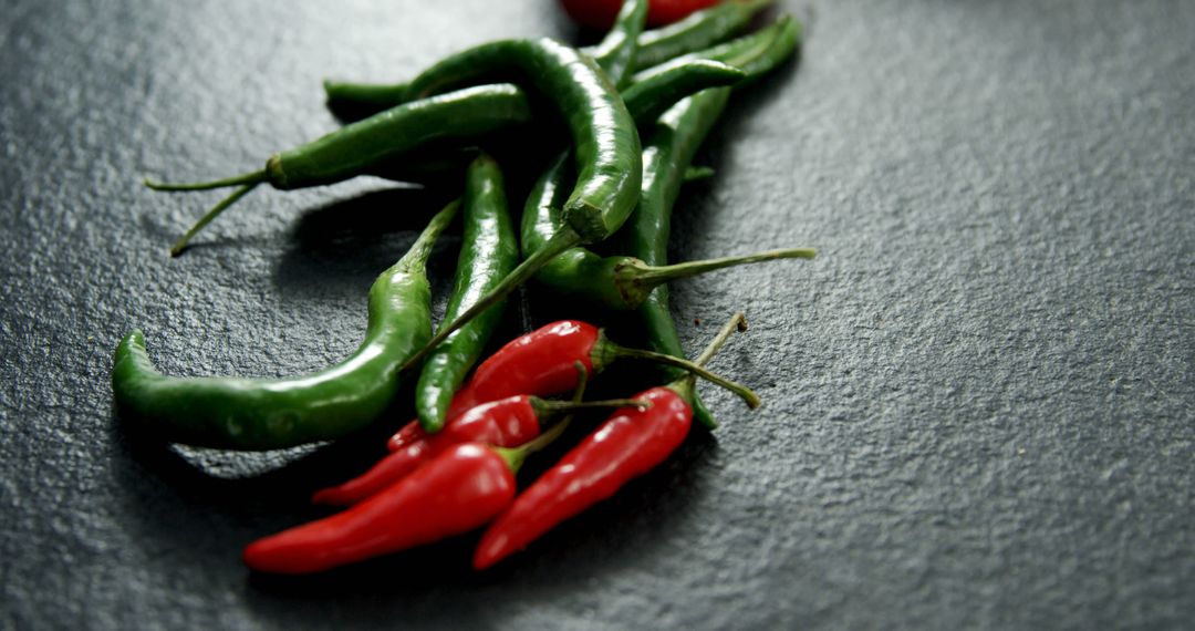 Fresh Red and Green Chili Peppers on Black Slate - Free Images, Stock Photos and Pictures on Pikwizard.com