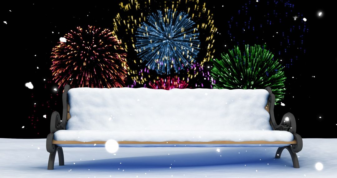 Fireworks Illuminate Snow-covered Bench on Festive Winter Night - Free Images, Stock Photos and Pictures on Pikwizard.com