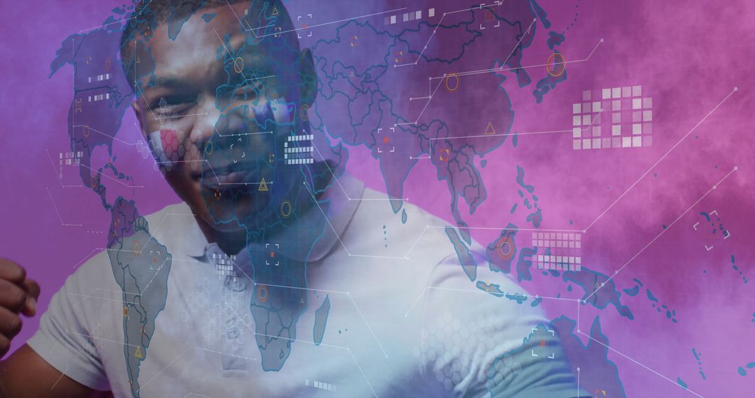 Excited Man Interacting with Holographic World Map and Digital Interface