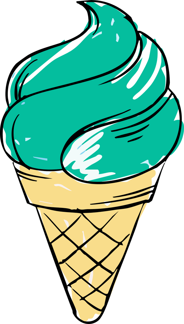 Whimsical Teal Soft-Serve Cone Sketch on Transparent Background