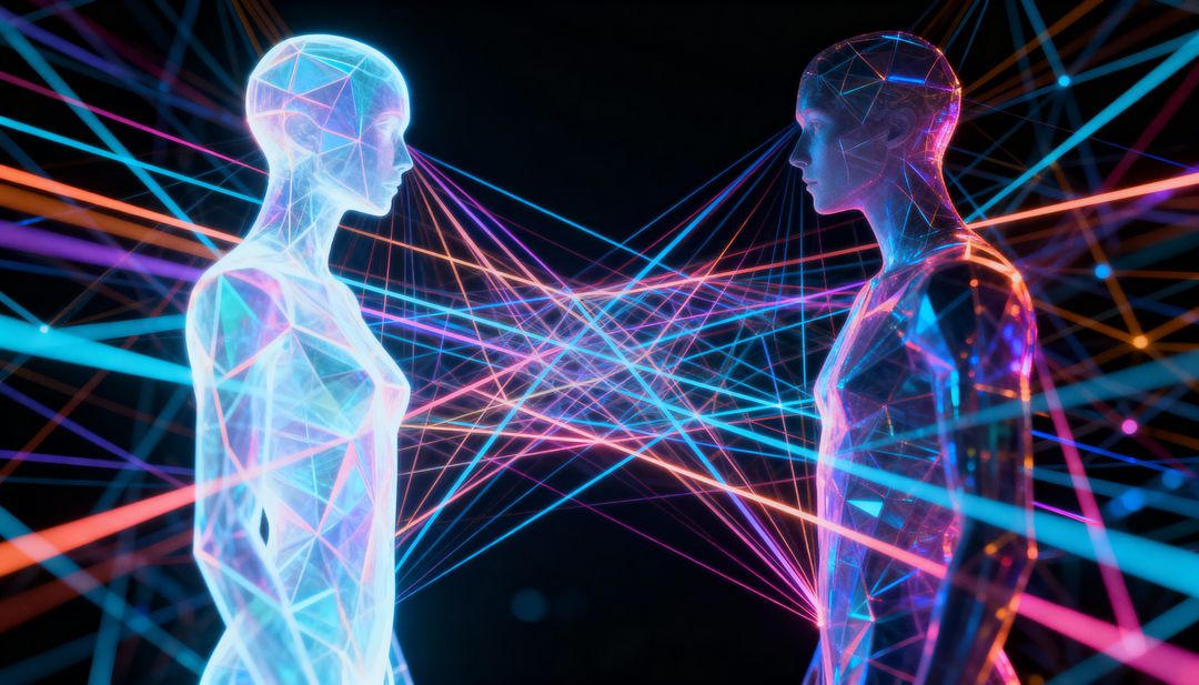 Neon Holographic Mesh Avatars Connecting Through Glowing Data Beams in Cybernetic Network