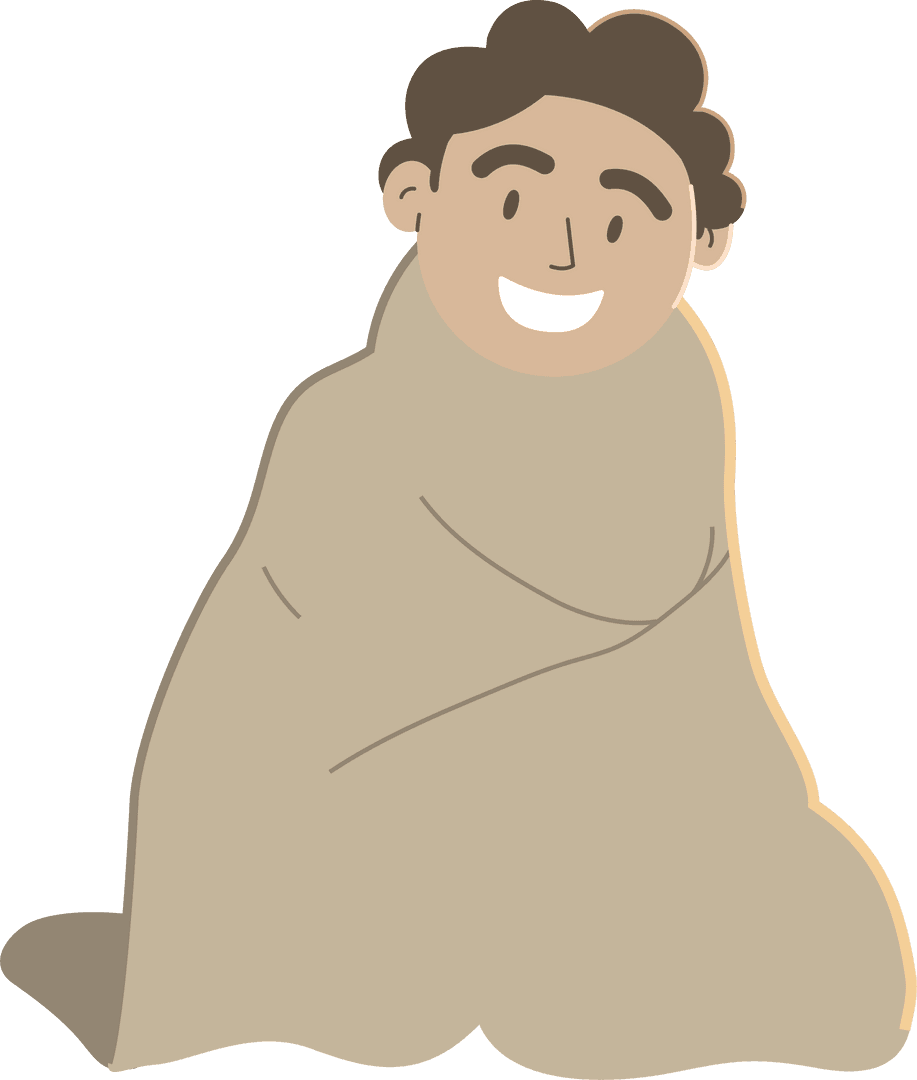 Cartoon Man Wrapped in Cozy Beige Blanket on Transparent Background