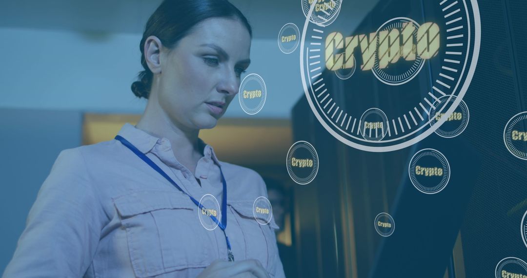 Woman Analyzing Crypto Data in High-Tech Server Room