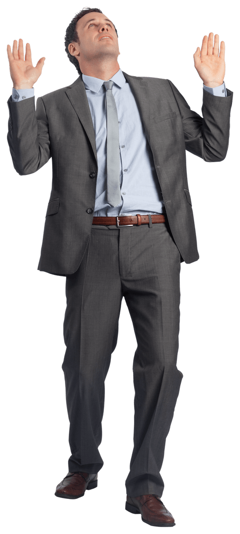 Transparent Confident Businessman Raising Arms Upwards