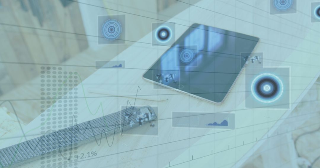 Digital Tablet on Wooden Desk with Technology Data Visualizations