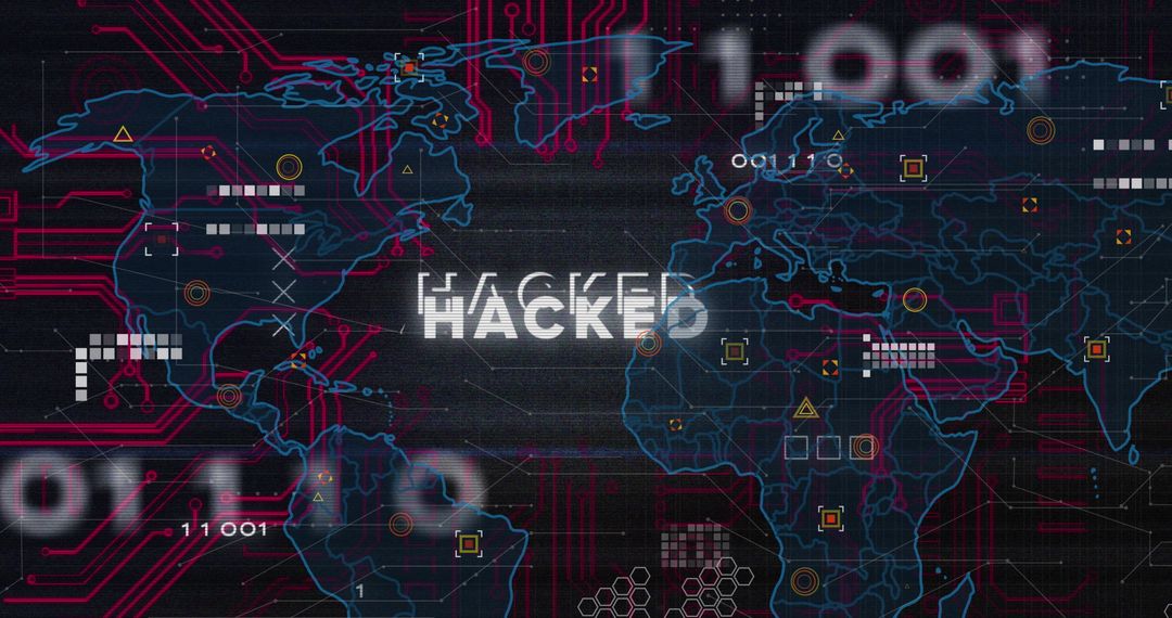 Hacked World Map with Cyber Networks and Text Alert