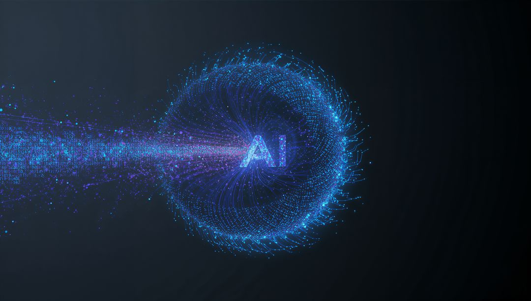 AI Data Vortex Forming Neon Particle Torus with Blue-Purple Digital Stream and Glow