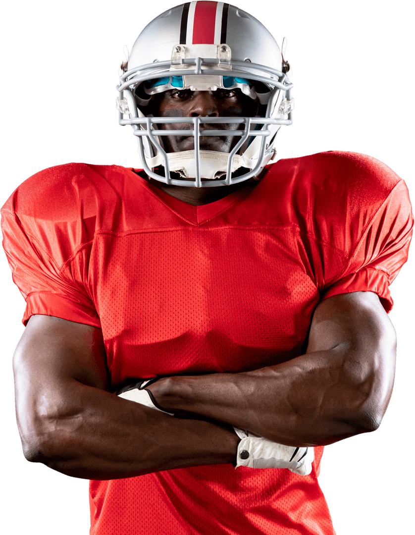 Confident American Football Player Wearing Uniform With Helmet Transparent