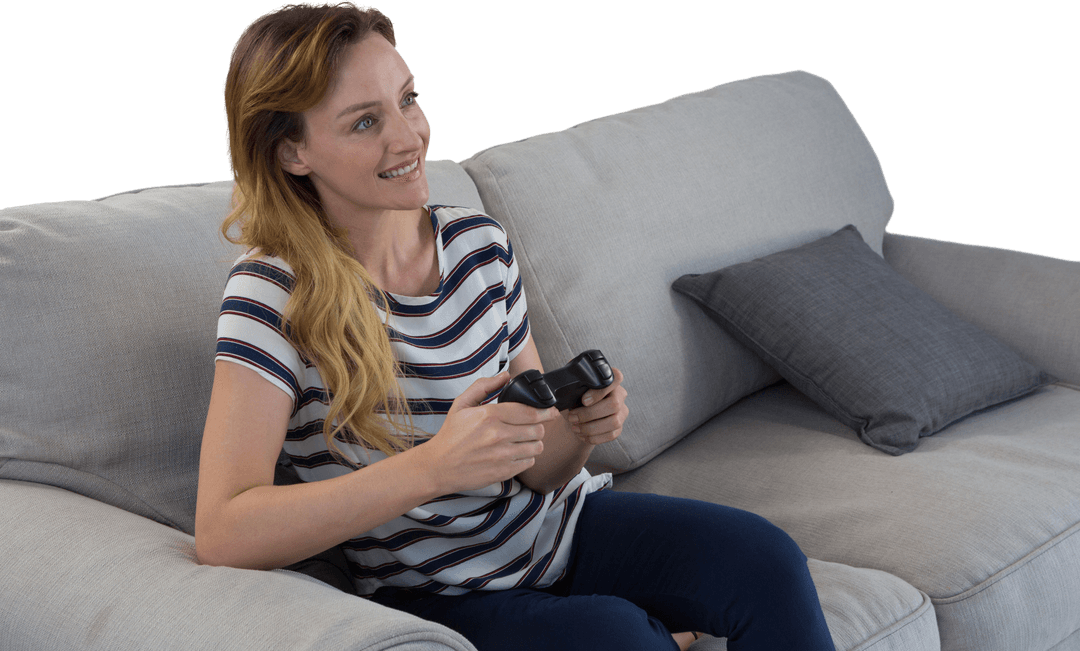 Joyful Woman with Game Controller on Sofa in Relaxed Transparent Setting