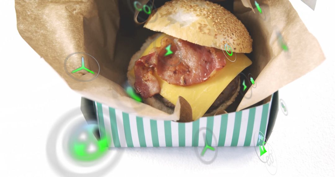 Close-up of Gourmet Bacon Cheeseburger with Digital Elements
