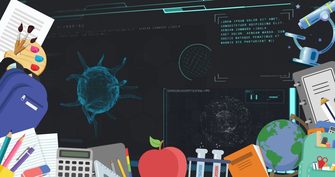 Digital Interface Highlighting Virus Amid School Supplies