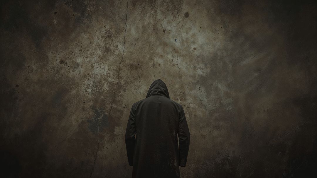 Hooded Figure in Grungy Abandoned Corridor Creates Eerie Atmosphere